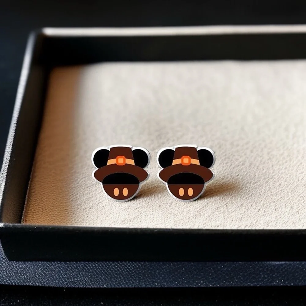 Thanksgiving Pilgrim Hat Mouse Ears Stud Earrings NWT Festive Fall Jewelry